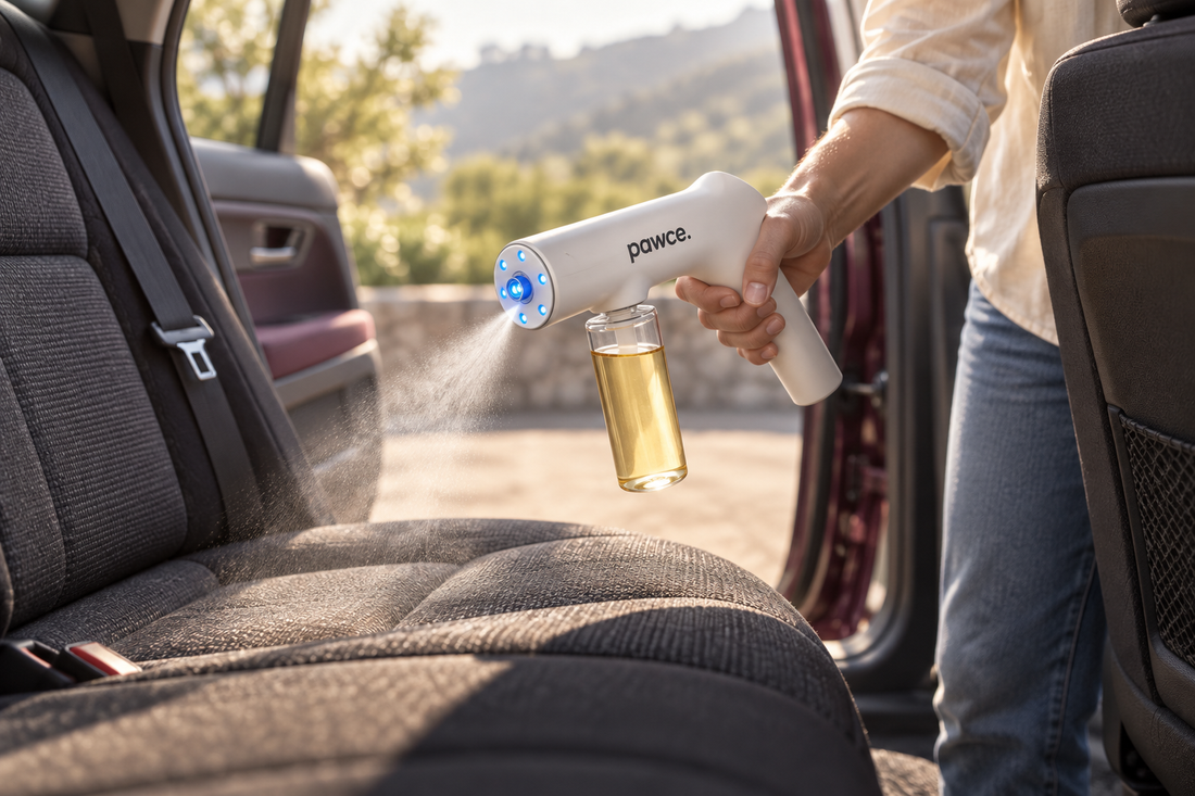 Pawce mist applied to the fabric rear seat of a parked car