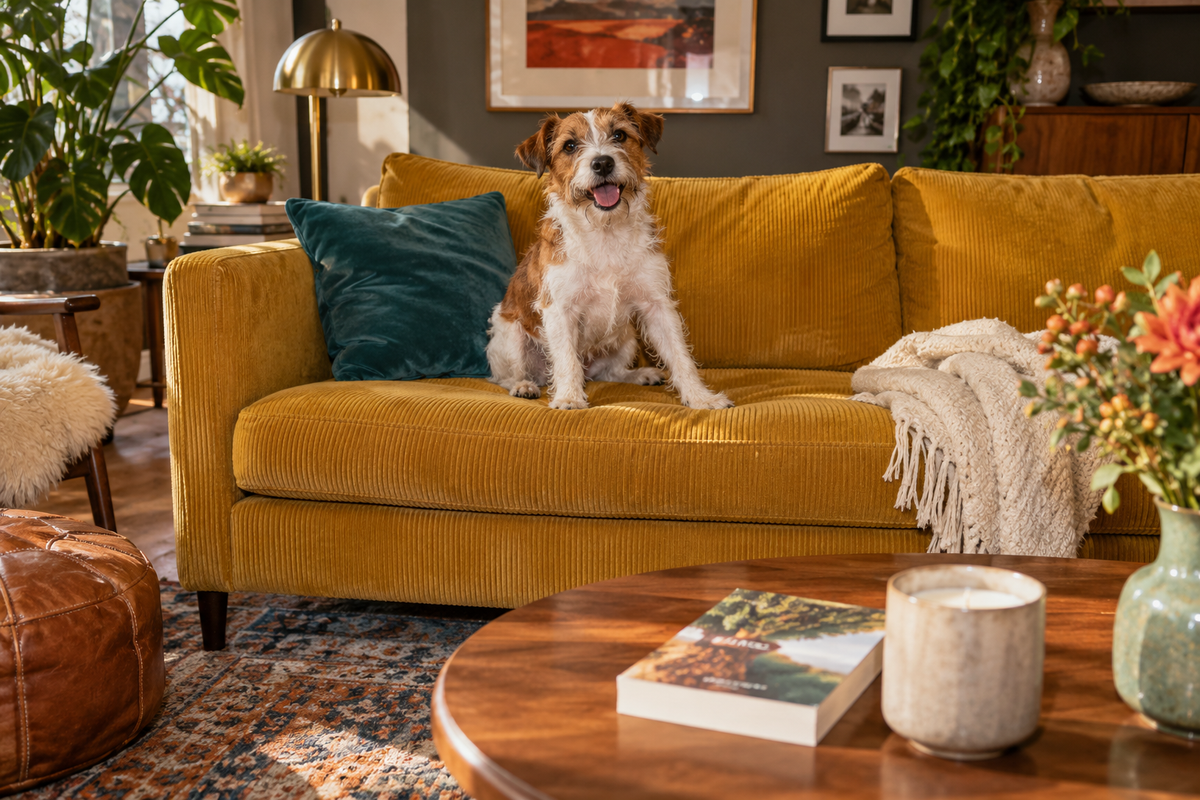 Editorial illustration of a terrier on a mustard sofa