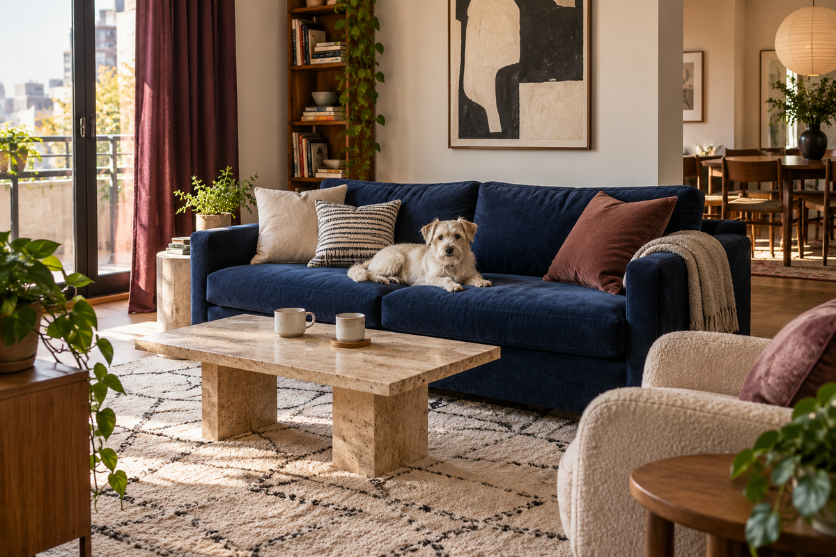 A cream terrier resting on a dark blue sofa in an inviting living room