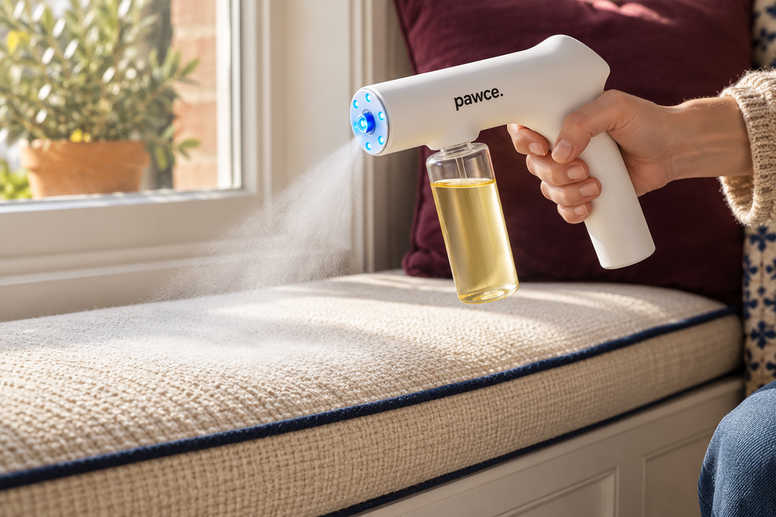 Pawce applying mist to a cream window-seat cushion