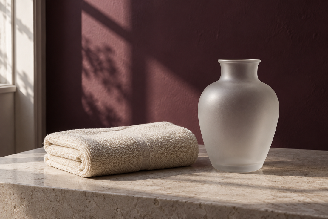 A cream towel and empty frosted vase in natural light