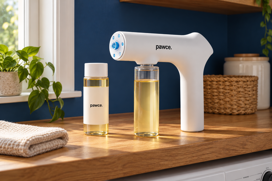 Pawce device and a spare refill on an oak utility shelf