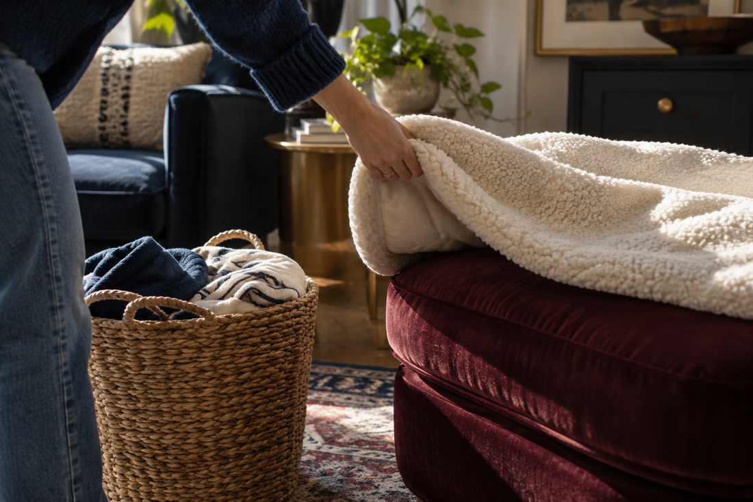 A person gathering a pet blanket into a laundry basket