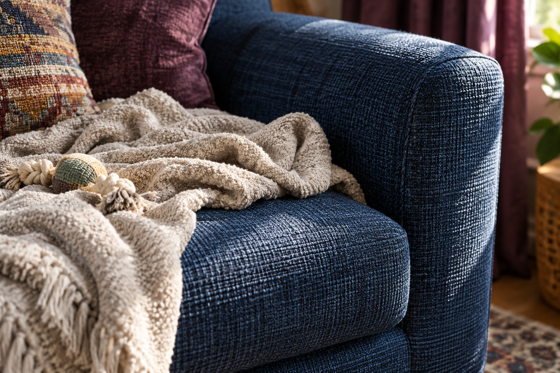 A pet blanket and toy on a textured navy sofa