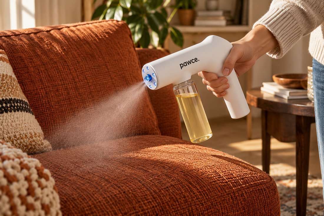 Pawce mist applied directly to sofa fabric