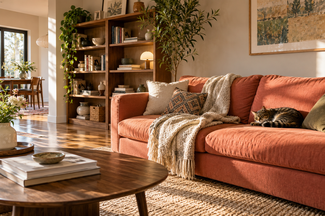Editorial illustration of a cat resting on a coral sofa