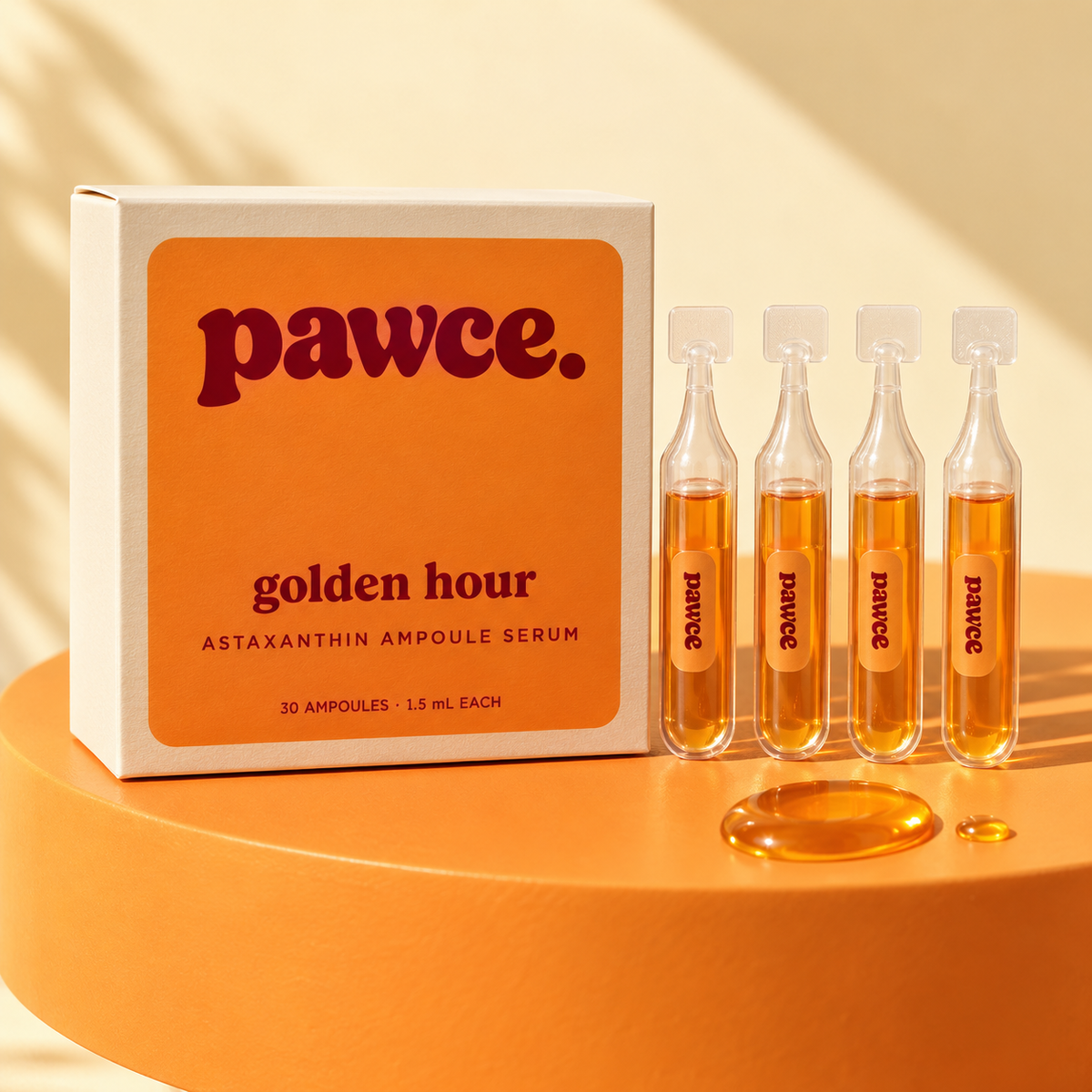Pawce Golden Hour astaxanthin serum packaging concept with single-use ampoules