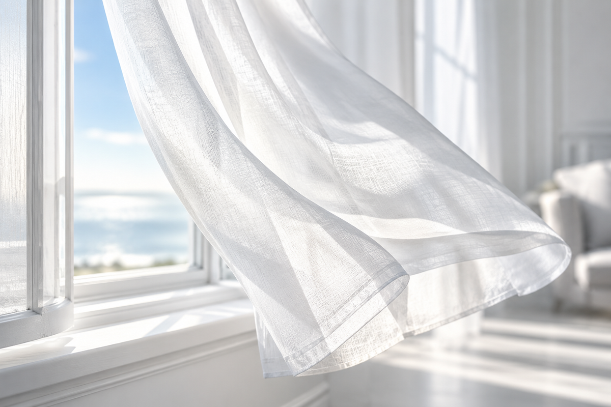 Pure fragrance-free: sheer white curtain in fresh morning light