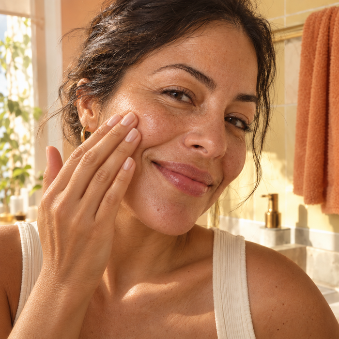 The same woman completing her Pawce skincare routine in her sunlit bathroom.